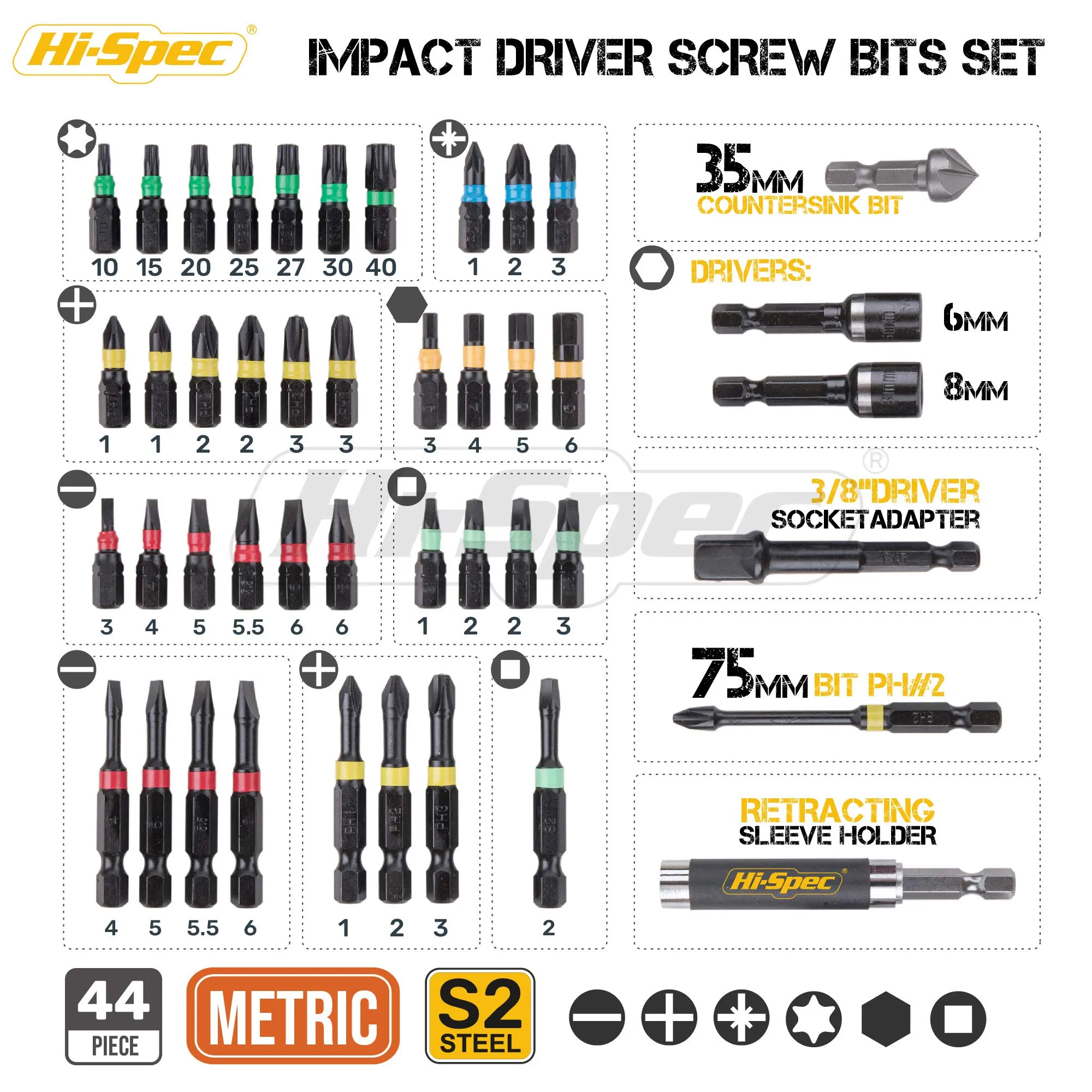 44pc Metric Impact Screw Driver Bit Set and Accessories for Drill Drivers and Power Screwdrivers