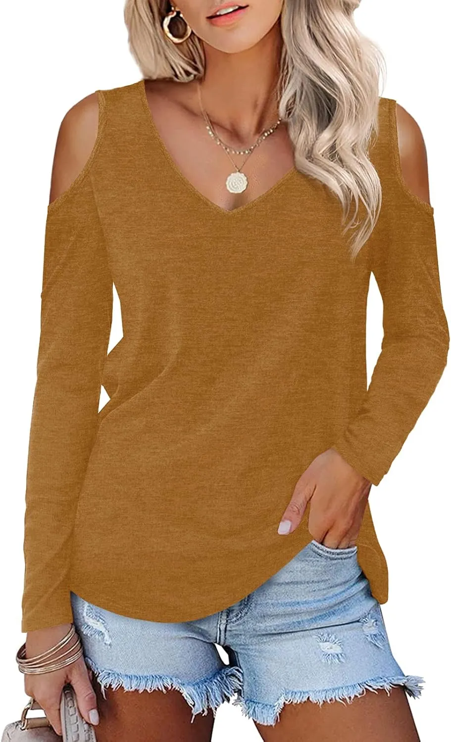 Amoretu Womens Long Sleeve Cold Shoulder Tops V Neck T Shirts Dressy Casual