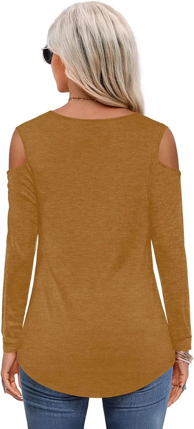 Amoretu Womens Long Sleeve Cold Shoulder Tops V Neck T Shirts Dressy Casual