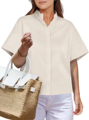 ANRABESS Women Short Sleeve Button Down Cropped Shirts Oversized Boxy Loose Fit Dressy Business Casual Office Work Top Blouse
