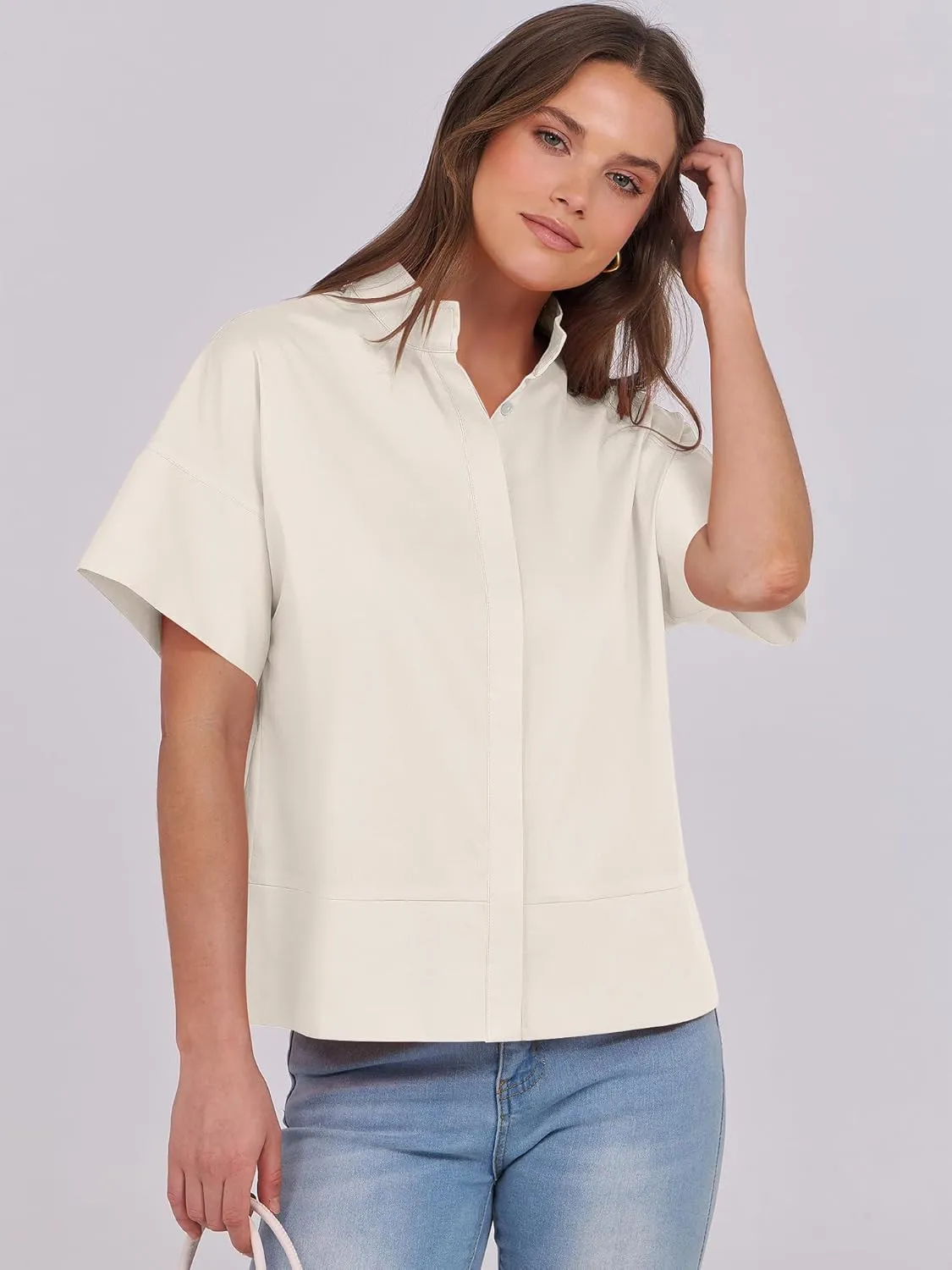 ANRABESS Women Short Sleeve Button Down Cropped Shirts Oversized Boxy Loose Fit Dressy Business Casual Office Work Top Blouse