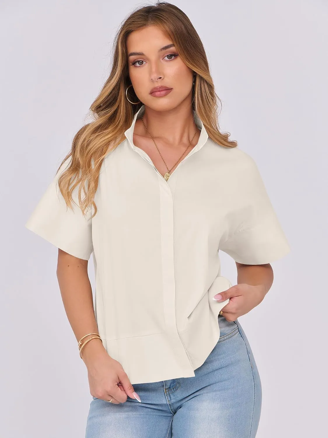 ANRABESS Women Short Sleeve Button Down Cropped Shirts Oversized Boxy Loose Fit Dressy Business Casual Office Work Top Blouse