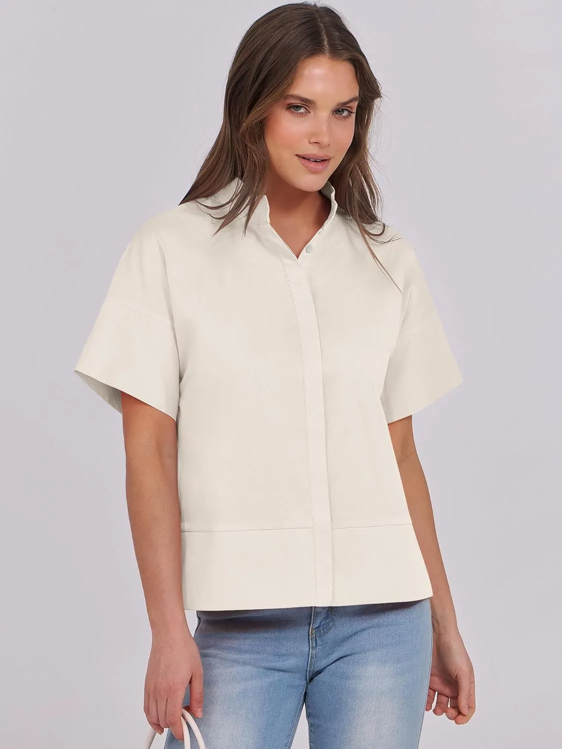 ANRABESS Women Short Sleeve Button Down Cropped Shirts Oversized Boxy Loose Fit Dressy Business Casual Office Work Top Blouse
