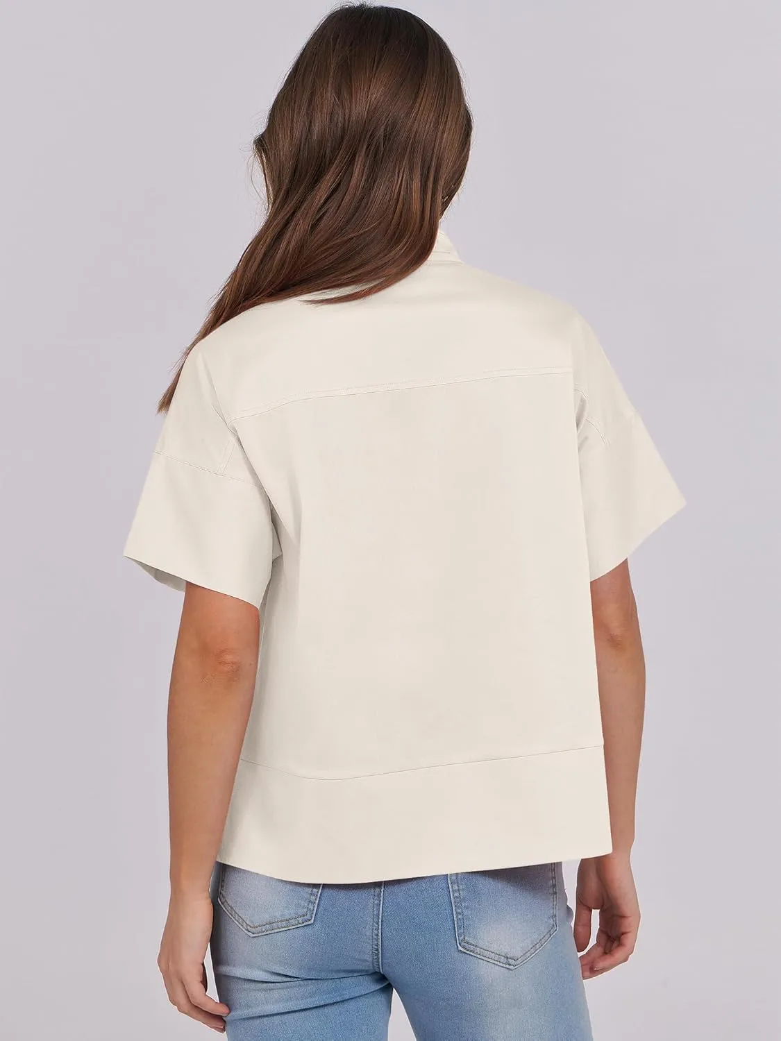 ANRABESS Women Short Sleeve Button Down Cropped Shirts Oversized Boxy Loose Fit Dressy Business Casual Office Work Top Blouse
