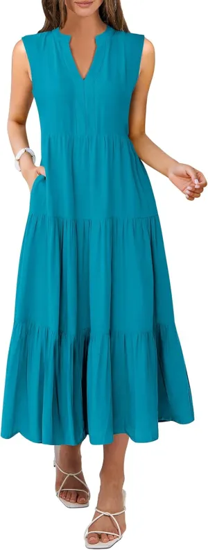ANRABESS Womens Summer Casual Sleeveless V Neck Maxi Dress 2025 Spring Tie Waist A-Line Flowy Tiered Boho Long Beach Sundress