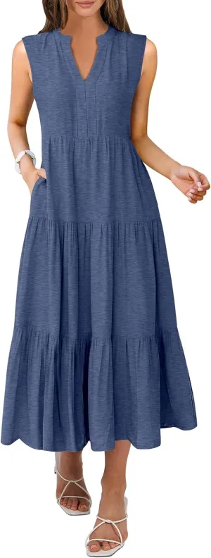 ANRABESS Womens Summer Casual Sleeveless V Neck Maxi Dress 2025 Spring Tie Waist A-Line Flowy Tiered Boho Long Beach Sundress
