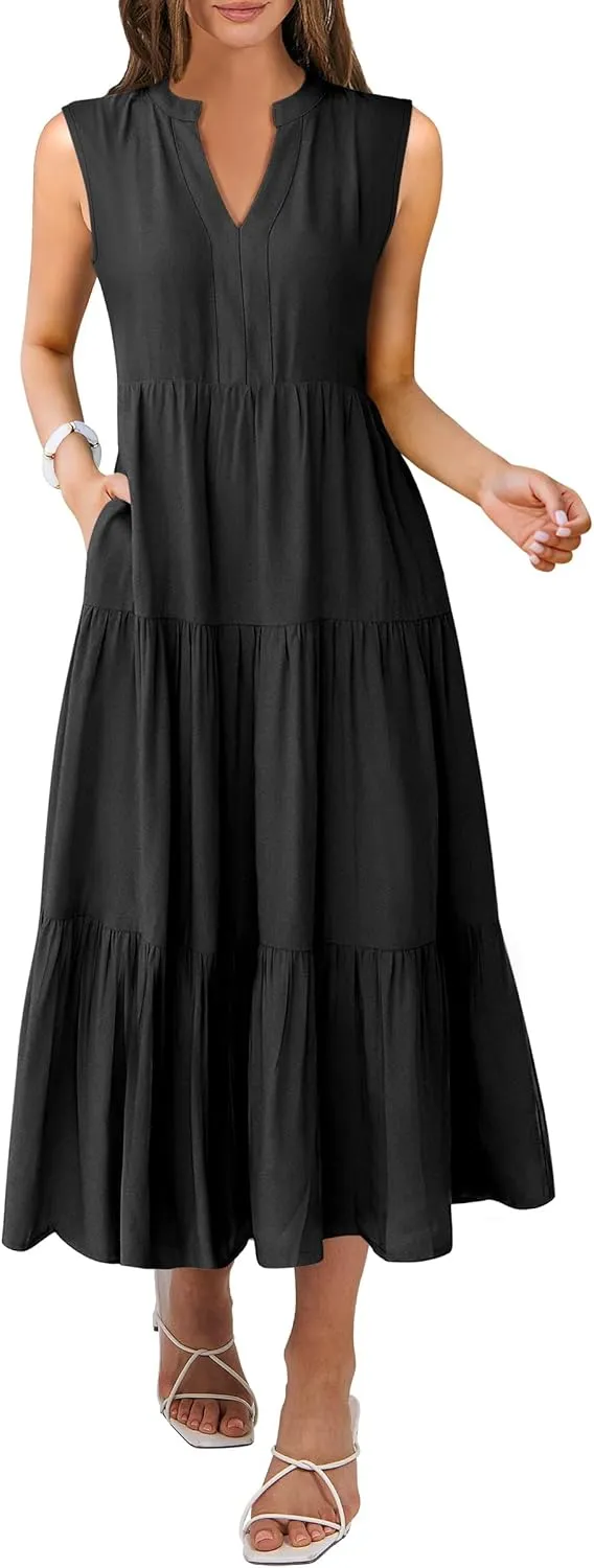 ANRABESS Womens Summer Casual Sleeveless V Neck Maxi Dress 2025 Spring Tie Waist A-Line Flowy Tiered Boho Long Beach Sundress