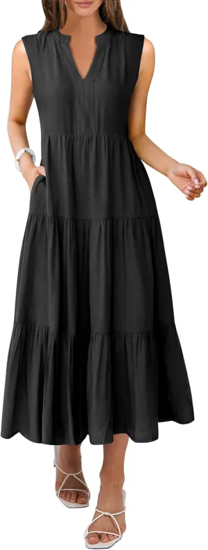ANRABESS Womens Summer Casual Sleeveless V Neck Maxi Dress 2025 Spring Tie Waist A-Line Flowy Tiered Boho Long Beach Sundress