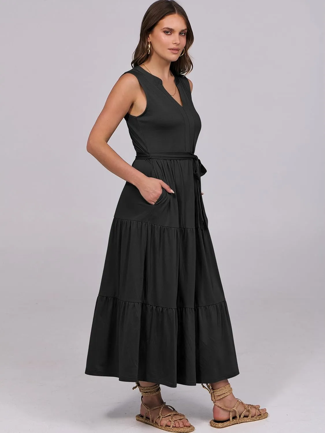 ANRABESS Womens Summer Casual Sleeveless V Neck Maxi Dress 2025 Spring Tie Waist A-Line Flowy Tiered Boho Long Beach Sundress
