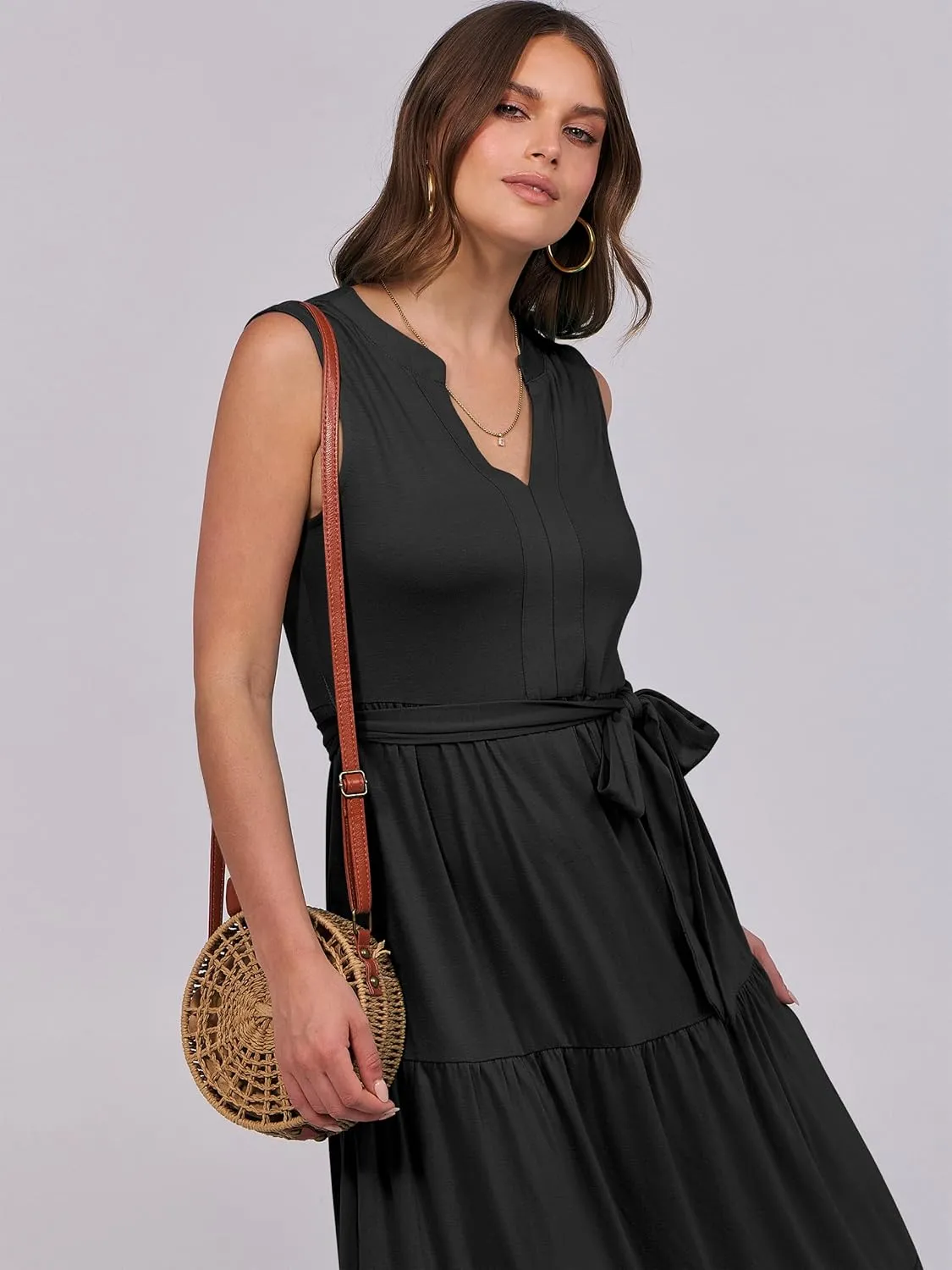 ANRABESS Womens Summer Casual Sleeveless V Neck Maxi Dress 2025 Spring Tie Waist A-Line Flowy Tiered Boho Long Beach Sundress
