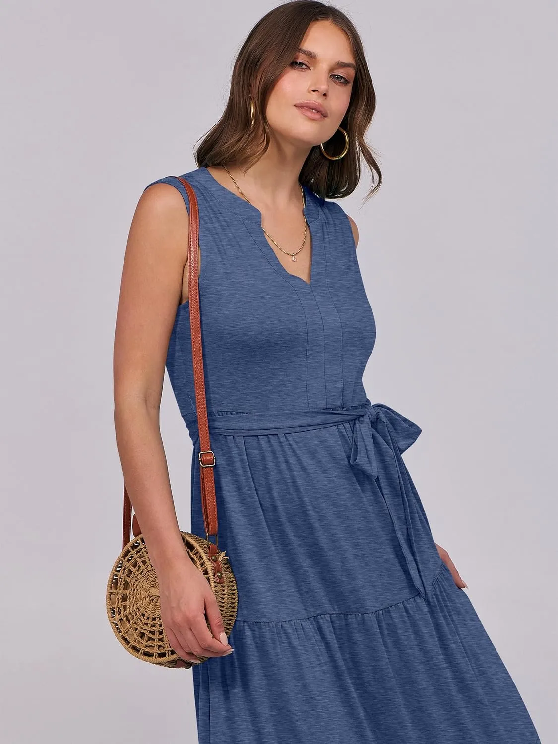 ANRABESS Womens Summer Casual Sleeveless V Neck Maxi Dress 2025 Spring Tie Waist A-Line Flowy Tiered Boho Long Beach Sundress