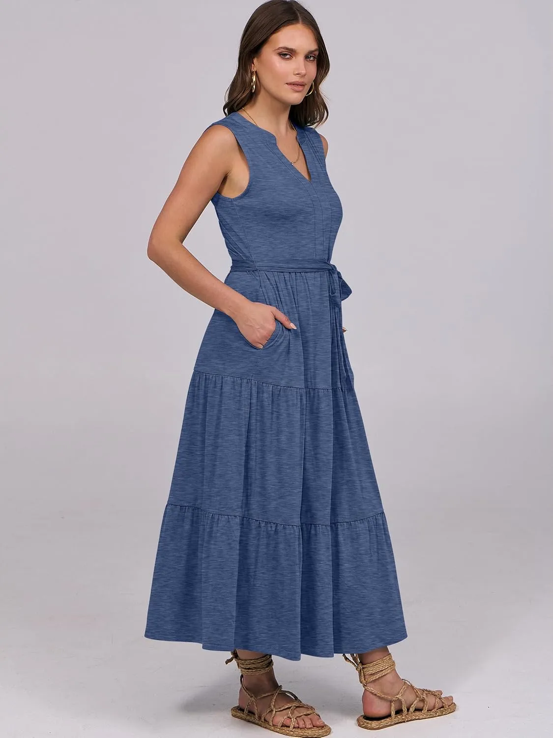 ANRABESS Womens Summer Casual Sleeveless V Neck Maxi Dress 2025 Spring Tie Waist A-Line Flowy Tiered Boho Long Beach Sundress
