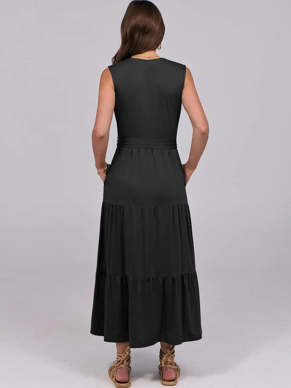 ANRABESS Womens Summer Casual Sleeveless V Neck Maxi Dress 2025 Spring Tie Waist A-Line Flowy Tiered Boho Long Beach Sundress