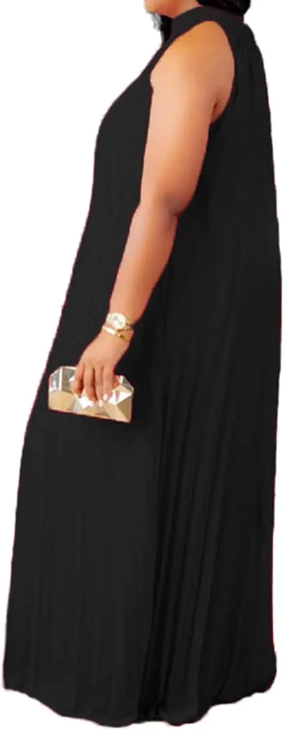 Aro Lora Womens Casual Sleeveless Plus Size Chiffon Halter Neck Pleated Loose Long Maxi Dress