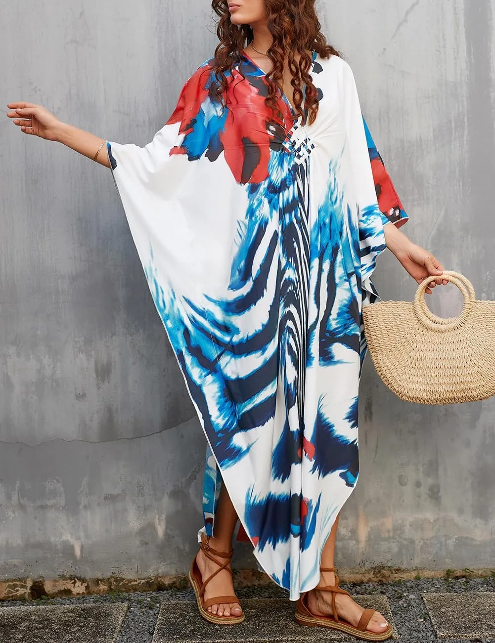 Bsubseach Womens Floral Print Kaftan Dress Plus Size Batwing Sleeve Swimsuit Cover Ups Summer Maxi Kimono Dresses