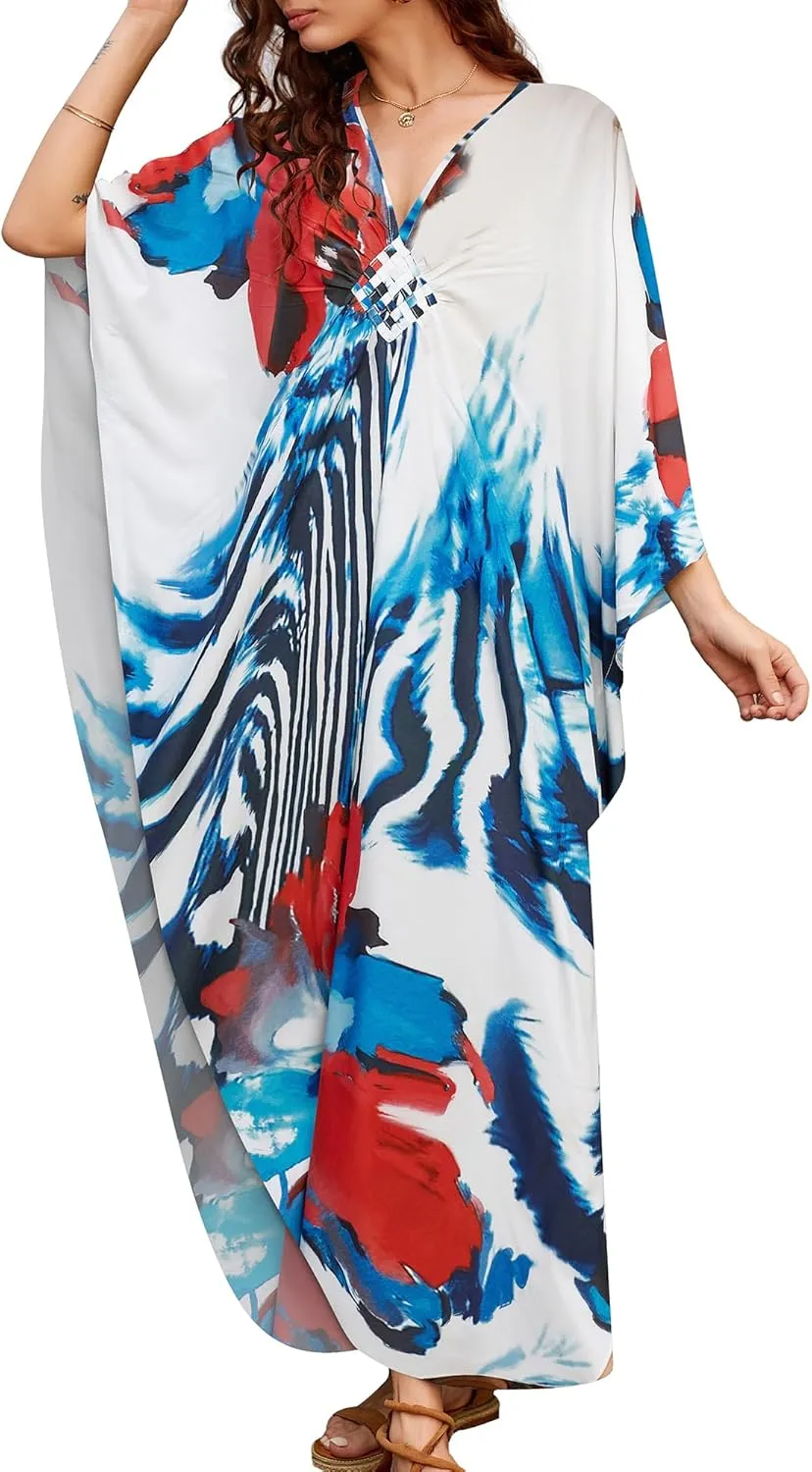 Bsubseach Womens Floral Print Kaftan Dress Plus Size Batwing Sleeve Swimsuit Cover Ups Summer Maxi Kimono Dresses