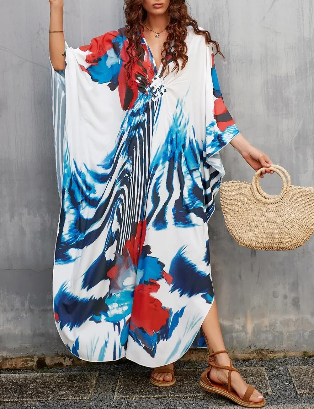 Bsubseach Womens Floral Print Kaftan Dress Plus Size Batwing Sleeve Swimsuit Cover Ups Summer Maxi Kimono Dresses