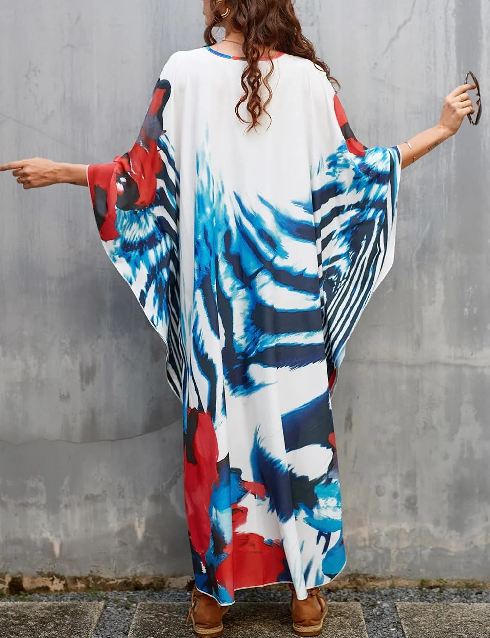 Bsubseach Womens Floral Print Kaftan Dress Plus Size Batwing Sleeve Swimsuit Cover Ups Summer Maxi Kimono Dresses