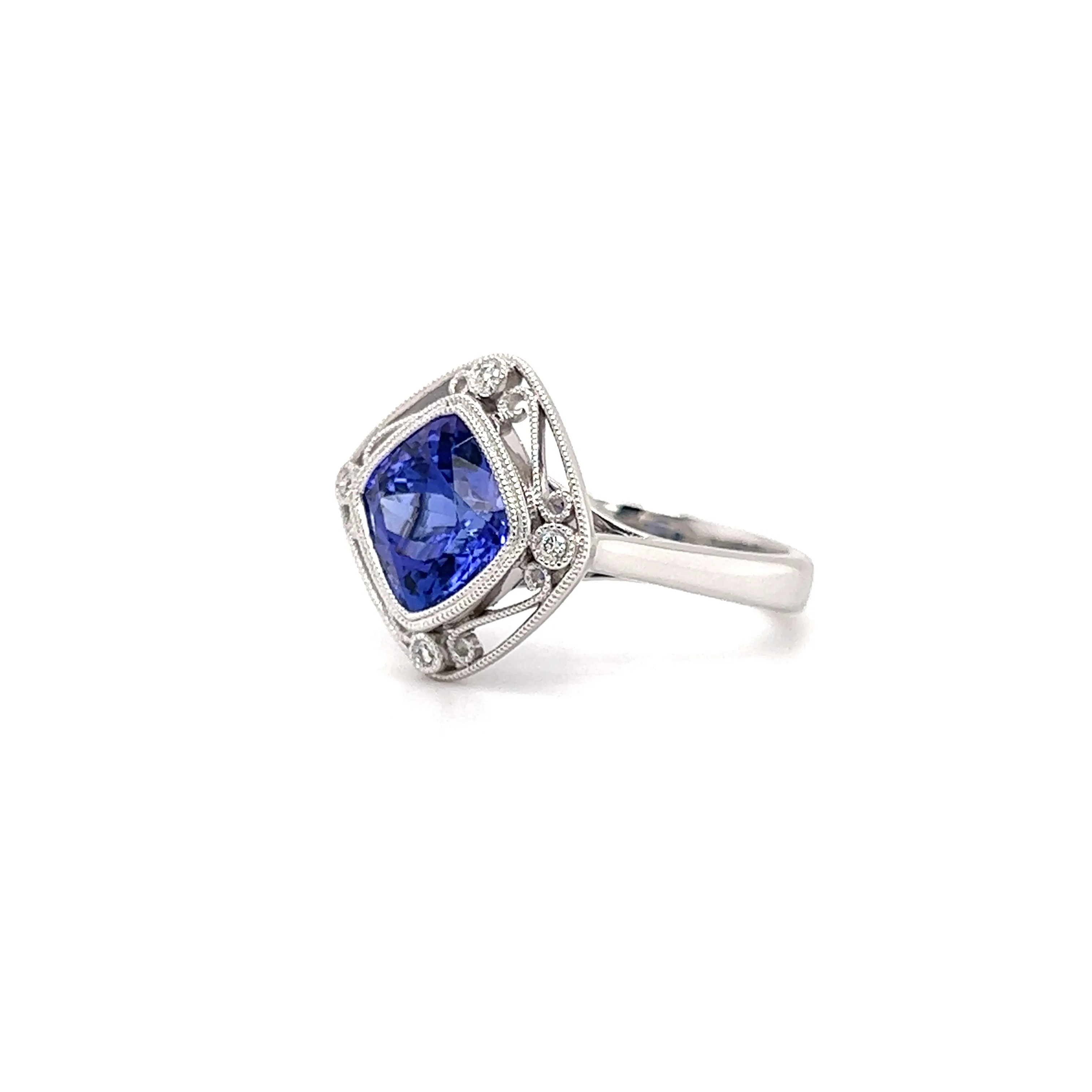 Cushion Tanzanite Ring with Four Side Diamonds in 14K White Gold