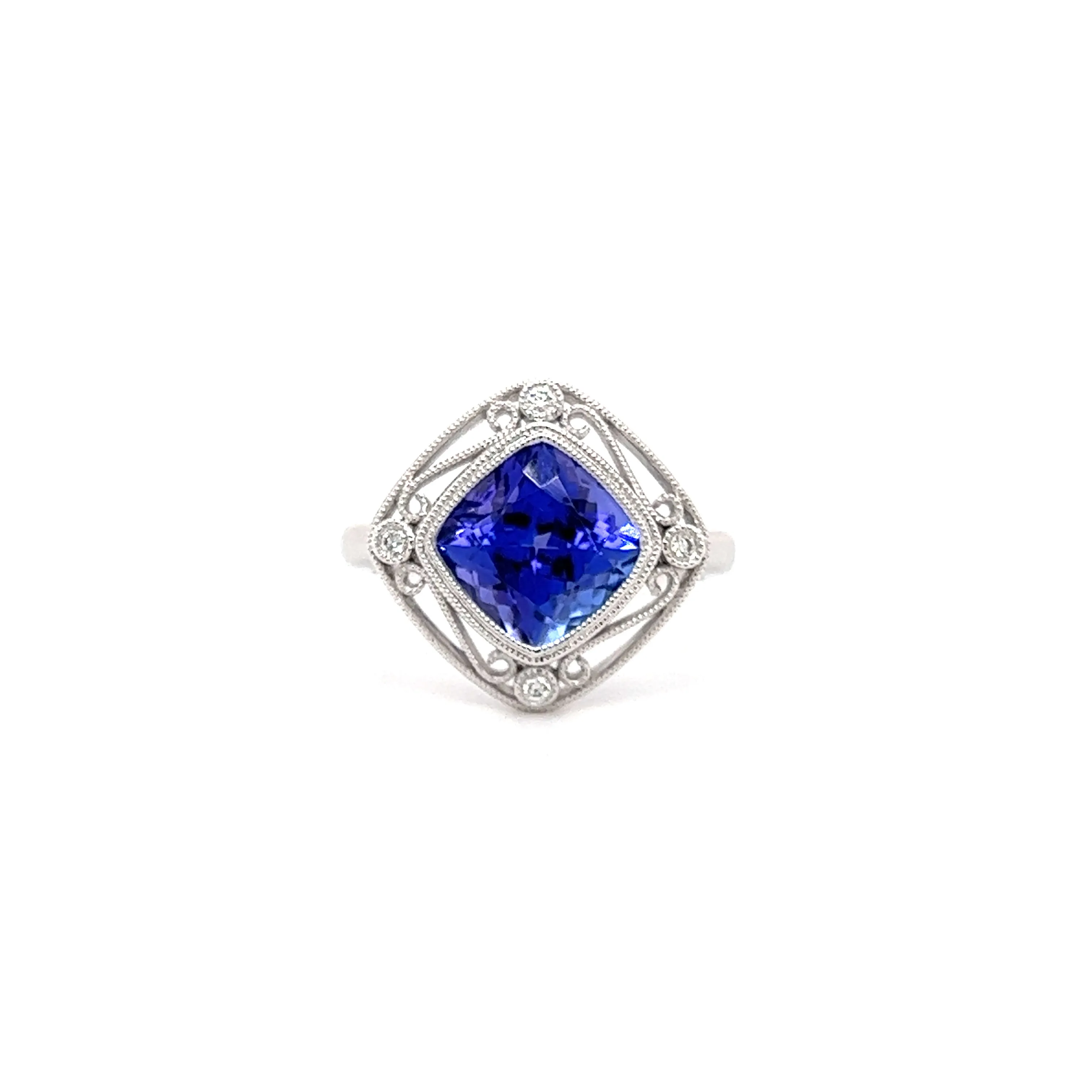 Cushion Tanzanite Ring with Four Side Diamonds in 14K White Gold