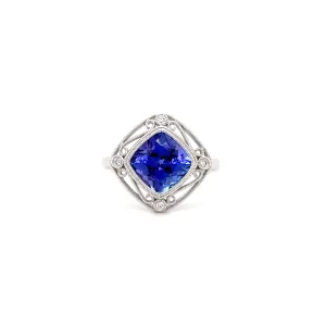 Cushion Tanzanite Ring with Four Side Diamonds in 14K White Gold