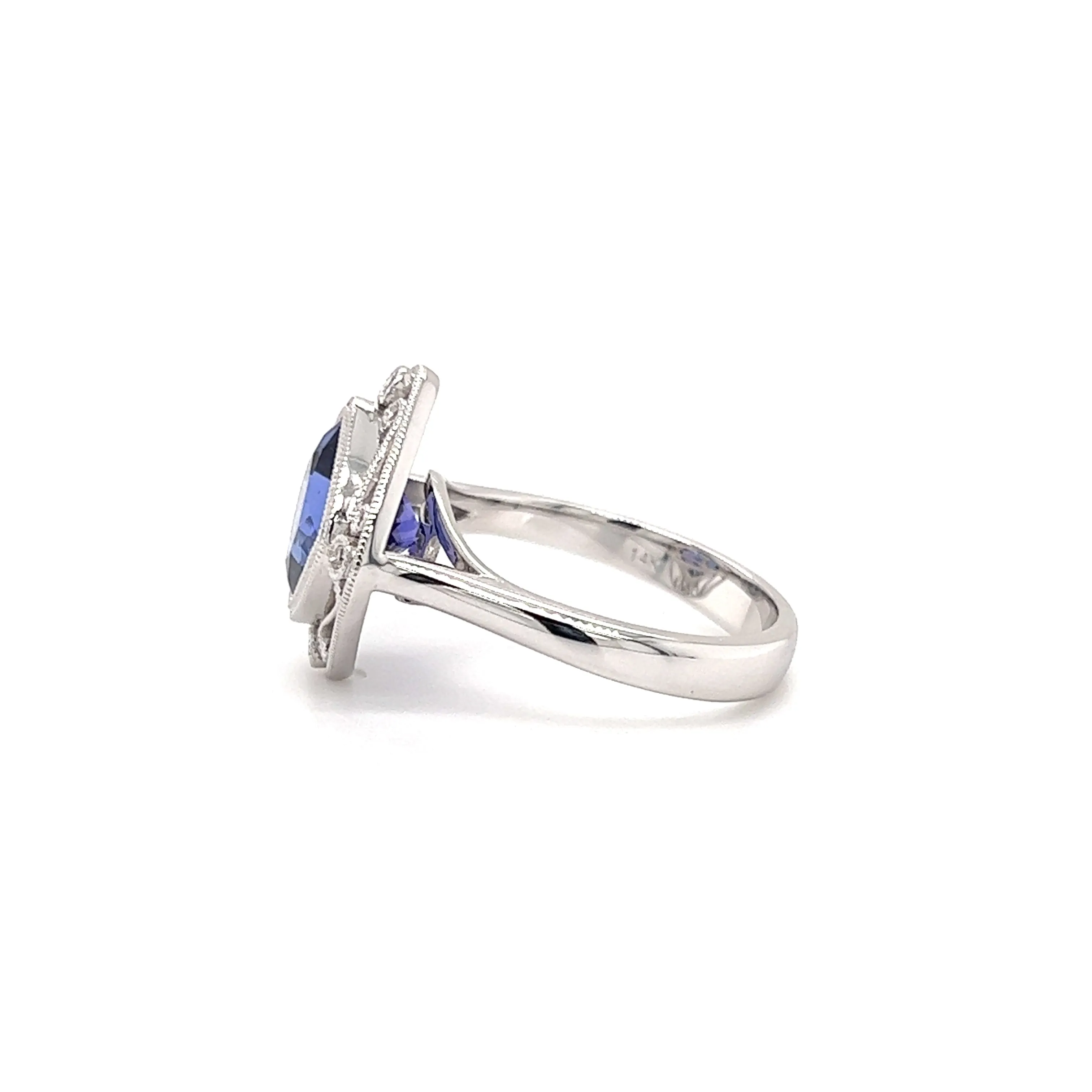 Cushion Tanzanite Ring with Four Side Diamonds in 14K White Gold