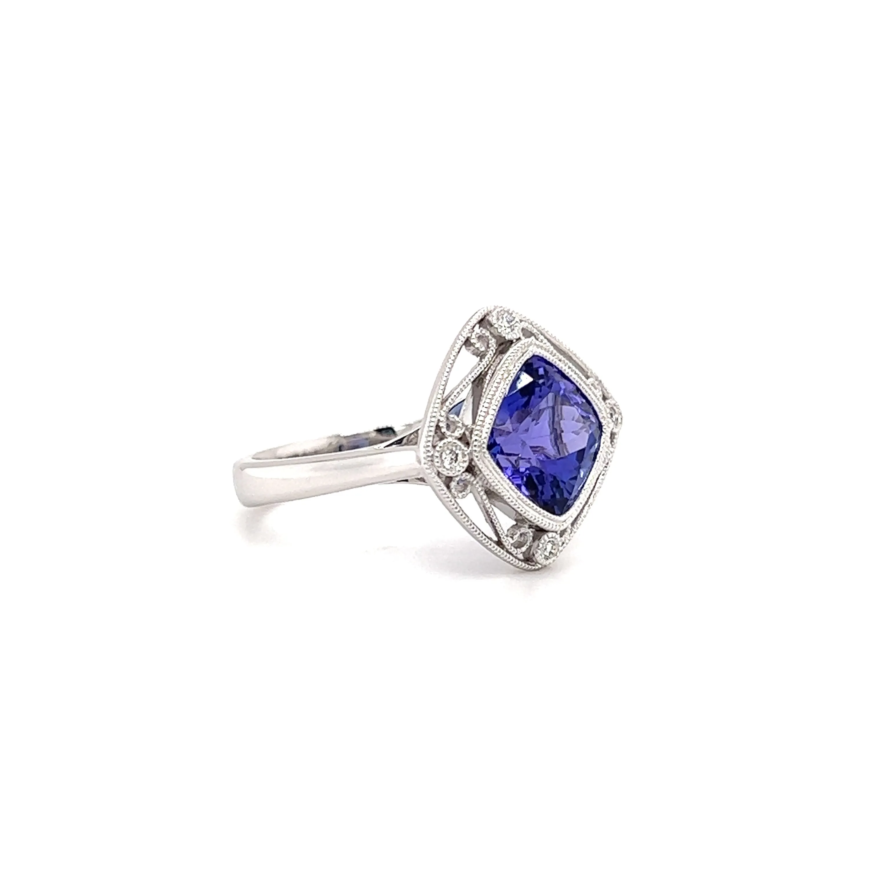 Cushion Tanzanite Ring with Four Side Diamonds in 14K White Gold