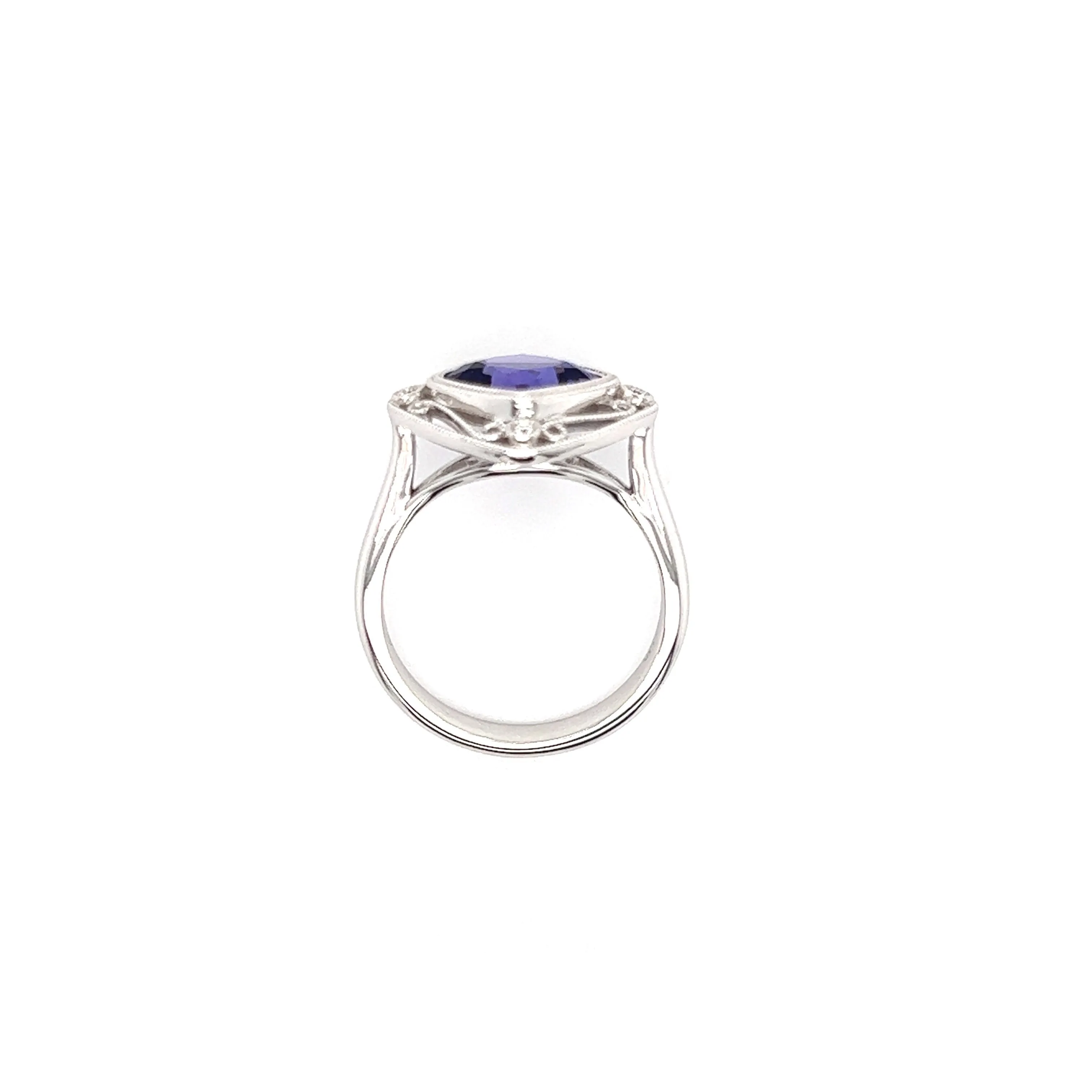 Cushion Tanzanite Ring with Four Side Diamonds in 14K White Gold