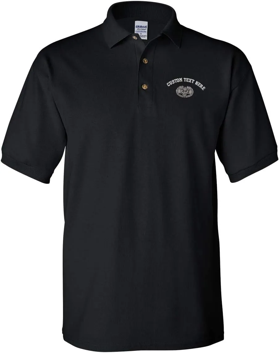 Custom Text Embroidered Combat Medic Badge Mens Adult Button-End Spread Short Sleeve Cotton Polo Shirt Golf Shirt - Black, X Large