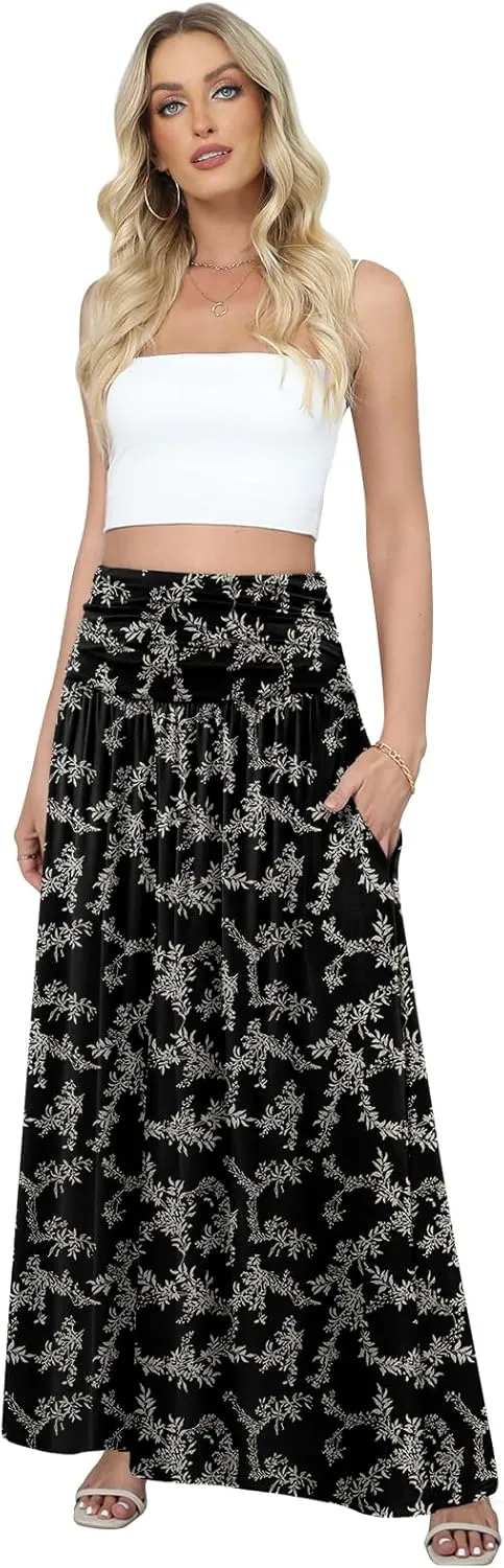 DouBCQ Maxi Skirts for Women High Waisted Long Skirts with Pockets Ankle Length Casual Skirt