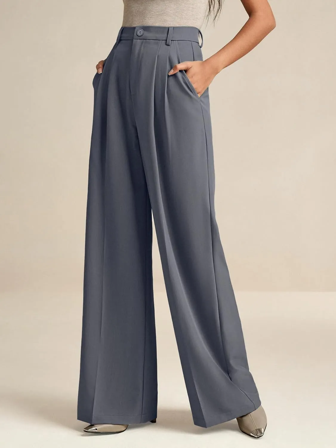 ELLEVEN Women's Casual Wide Leg Dress-Pants, High Elastic Waisted in The Back Business Flowy Trousers with Pockets