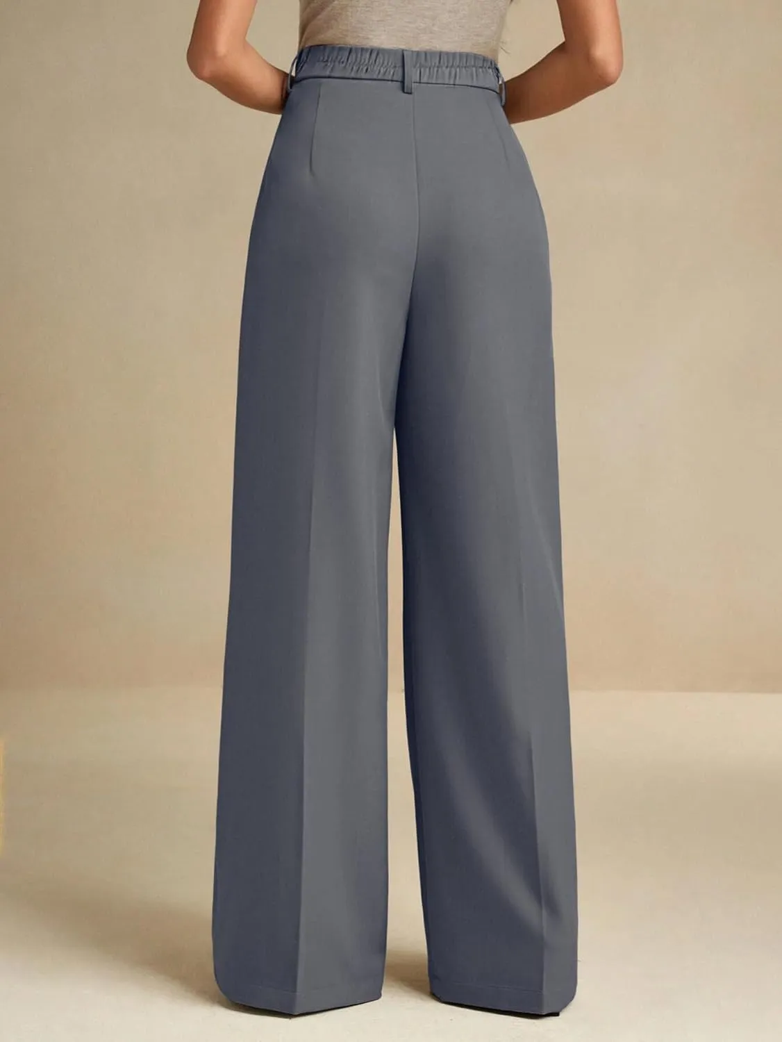 ELLEVEN Women's Casual Wide Leg Dress-Pants, High Elastic Waisted in The Back Business Flowy Trousers with Pockets