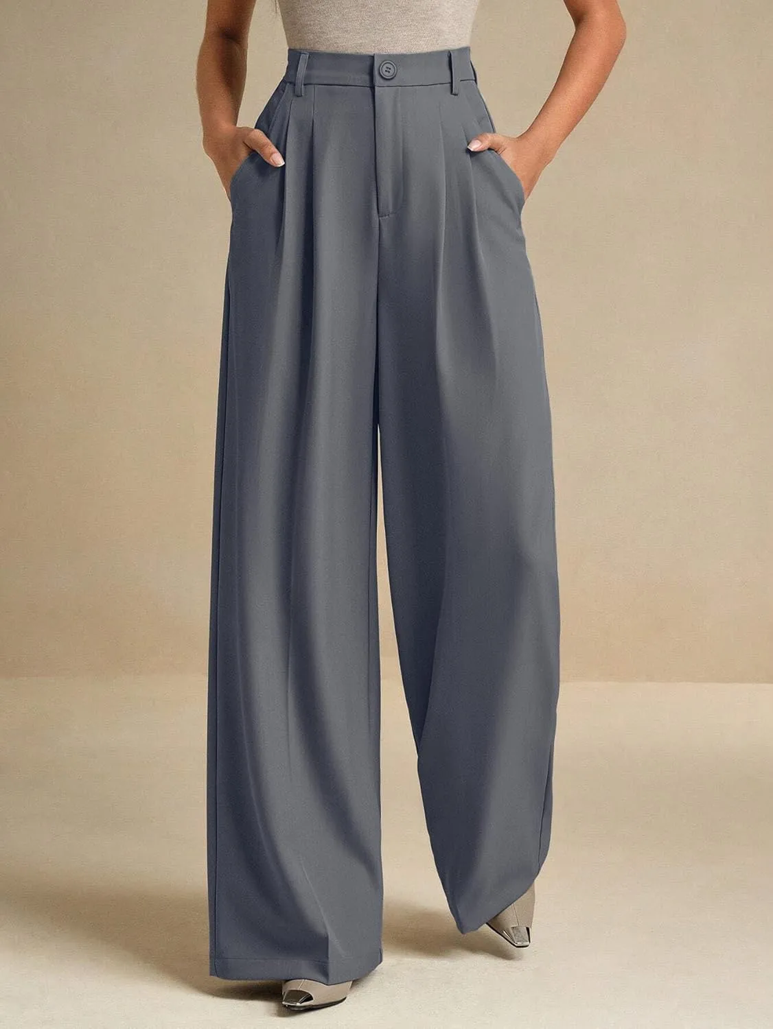 ELLEVEN Women's Casual Wide Leg Dress-Pants, High Elastic Waisted in The Back Business Flowy Trousers with Pockets