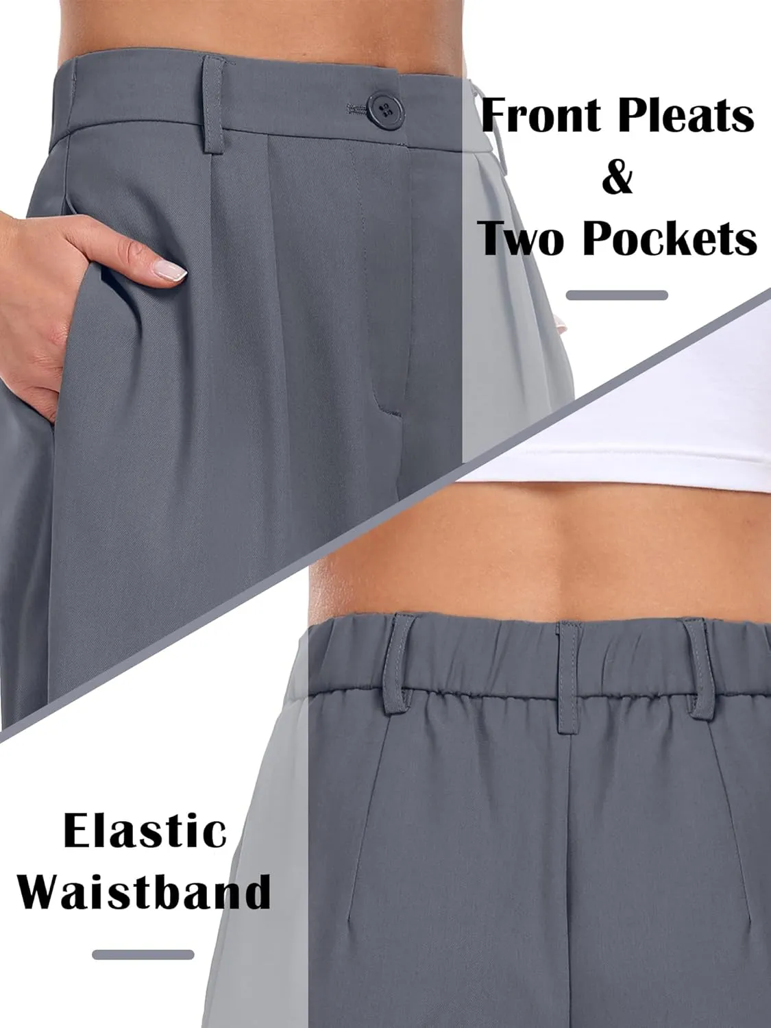 ELLEVEN Women's Casual Wide Leg Dress-Pants, High Elastic Waisted in The Back Business Flowy Trousers with Pockets