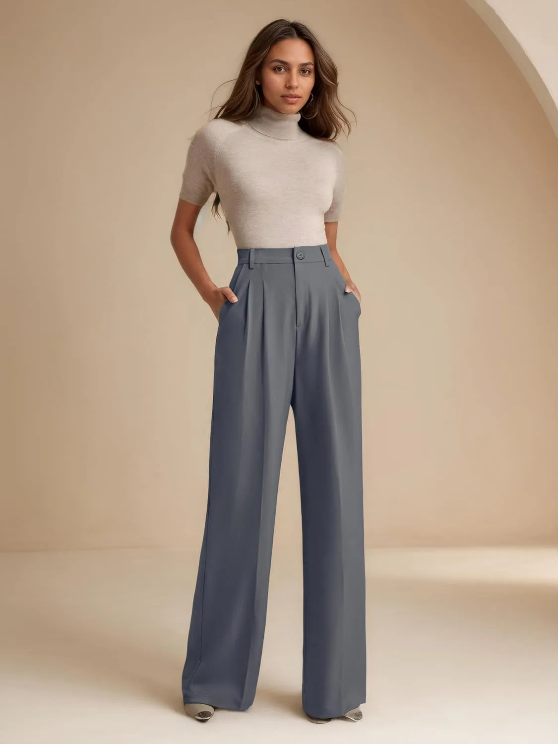 ELLEVEN Women's Casual Wide Leg Dress-Pants, High Elastic Waisted in The Back Business Flowy Trousers with Pockets