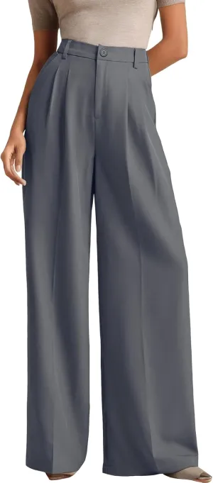 ELLEVEN Women's Casual Wide Leg Dress-Pants, High Elastic Waisted in The Back Business Flowy Trousers with Pockets