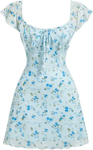 Floerns Women's Floral Print Cap Sleeve Dress Square Neck Tie Front Summer A Line Cute Mini Dresses