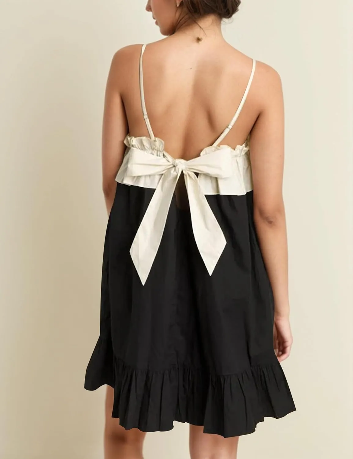Flowy Sleeveless Mini Dress for Women Square Neck Bow Tie Back Babydoll Dress Color Block A-line Ruffle Tank Dresses