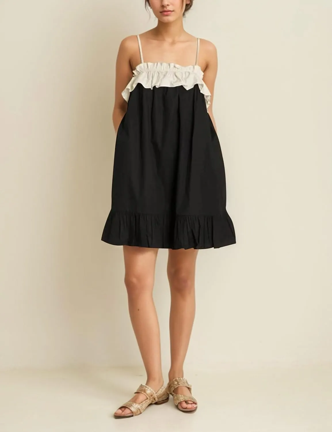 Flowy Sleeveless Mini Dress for Women Square Neck Bow Tie Back Babydoll Dress Color Block A-line Ruffle Tank Dresses