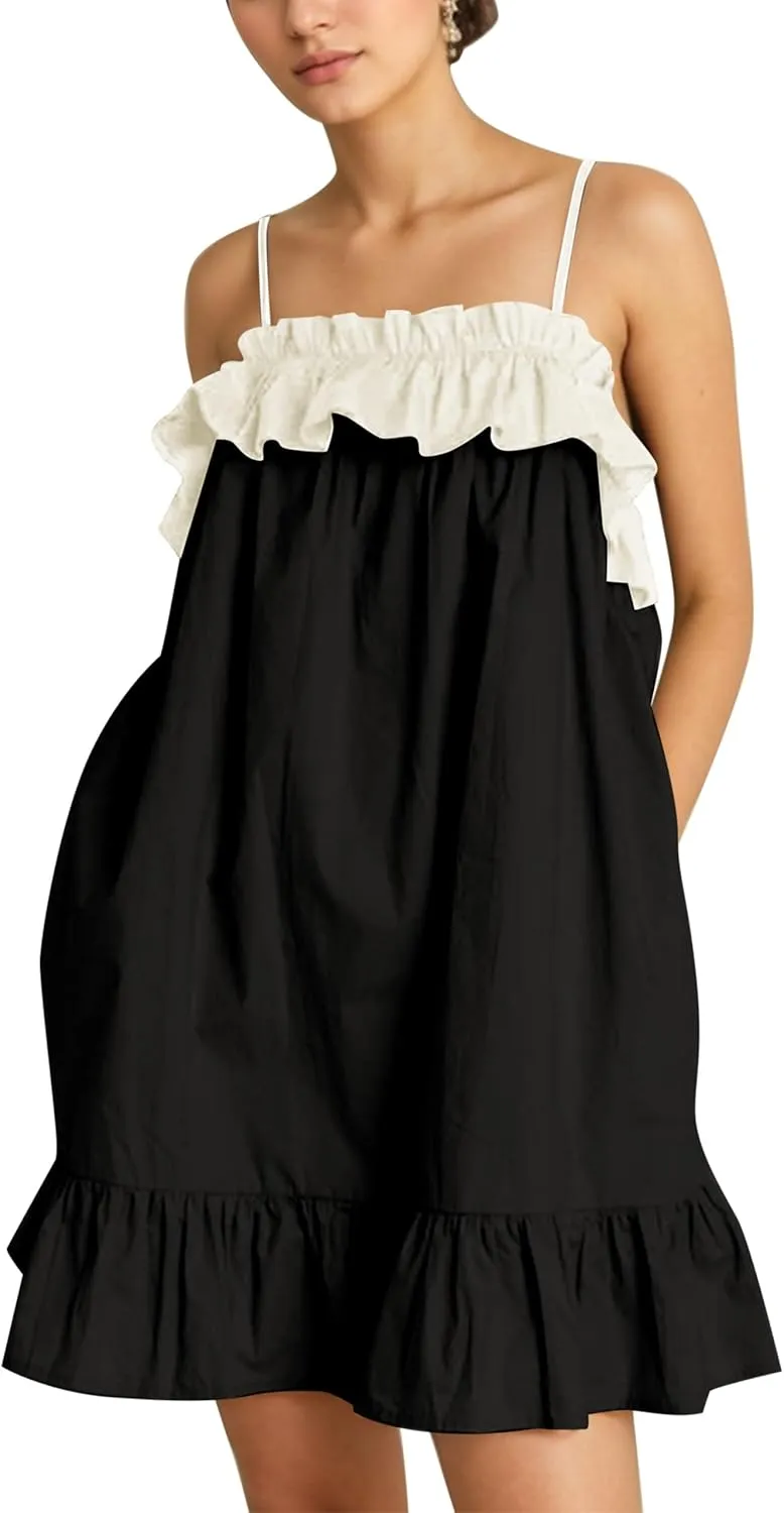 Flowy Sleeveless Mini Dress for Women Square Neck Bow Tie Back Babydoll Dress Color Block A-line Ruffle Tank Dresses