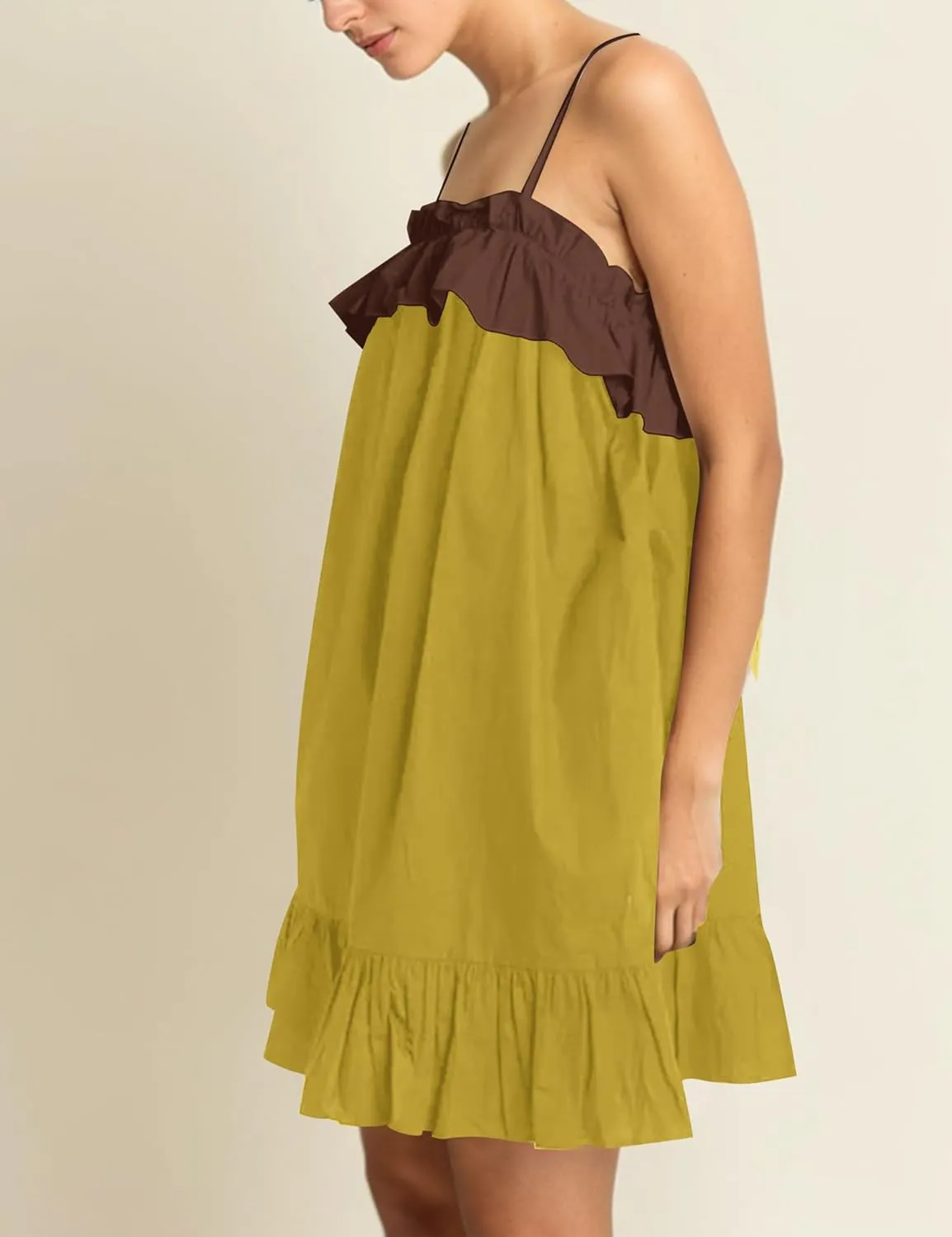 Flowy Sleeveless Mini Dress for Women Square Neck Bow Tie Back Babydoll Dress Color Block A-line Ruffle Tank Dresses