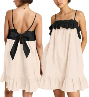 Flowy Sleeveless Mini Dress for Women Square Neck Bow Tie Back Babydoll Dress Color Block A-line Ruffle Tank Dresses