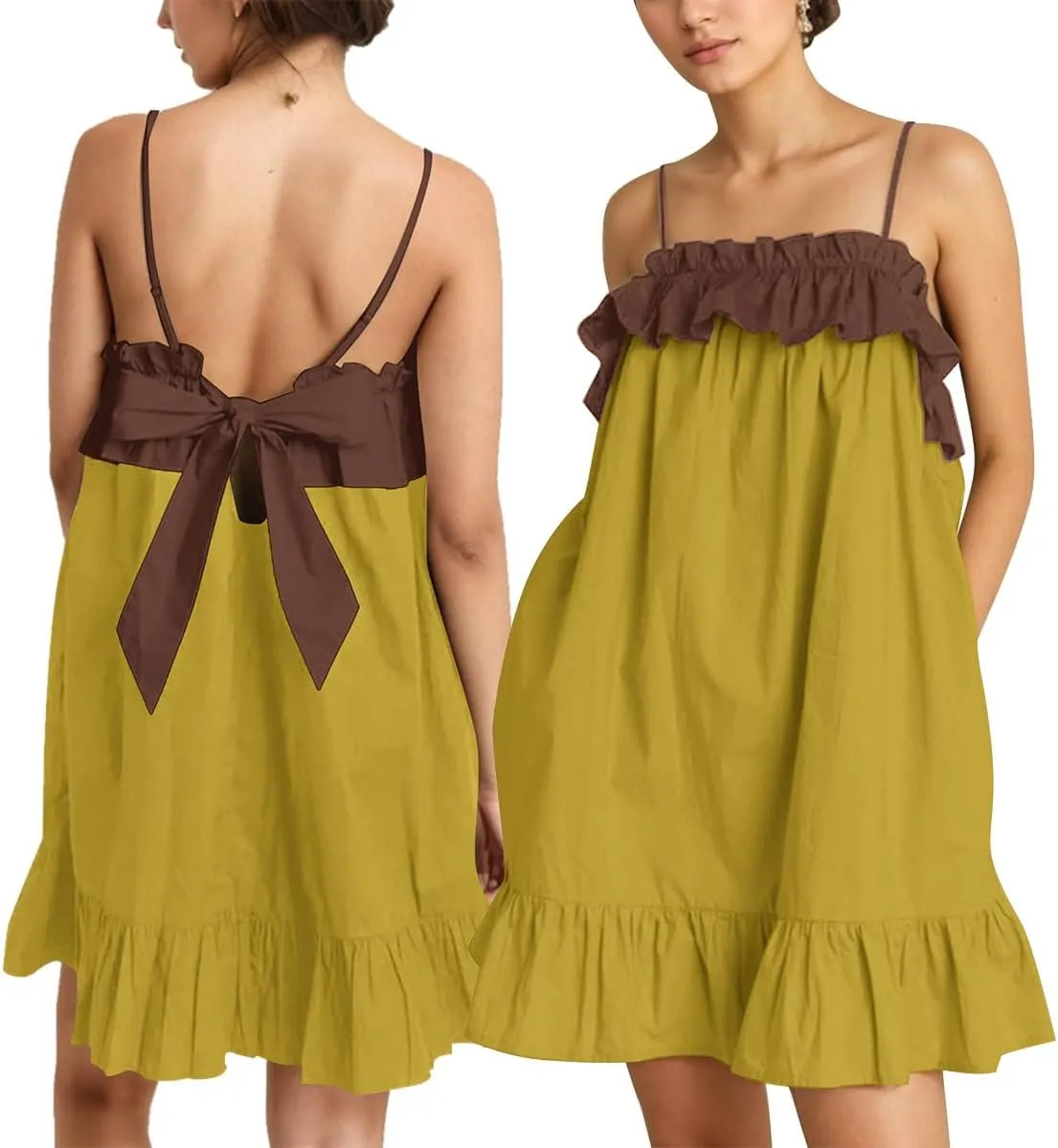 Flowy Sleeveless Mini Dress for Women Square Neck Bow Tie Back Babydoll Dress Color Block A-line Ruffle Tank Dresses