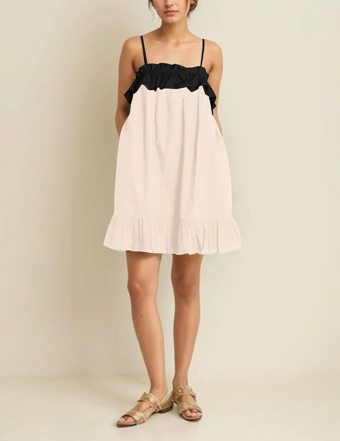 Flowy Sleeveless Mini Dress for Women Square Neck Bow Tie Back Babydoll Dress Color Block A-line Ruffle Tank Dresses