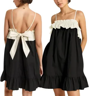 Flowy Sleeveless Mini Dress for Women Square Neck Bow Tie Back Babydoll Dress Color Block A-line Ruffle Tank Dresses