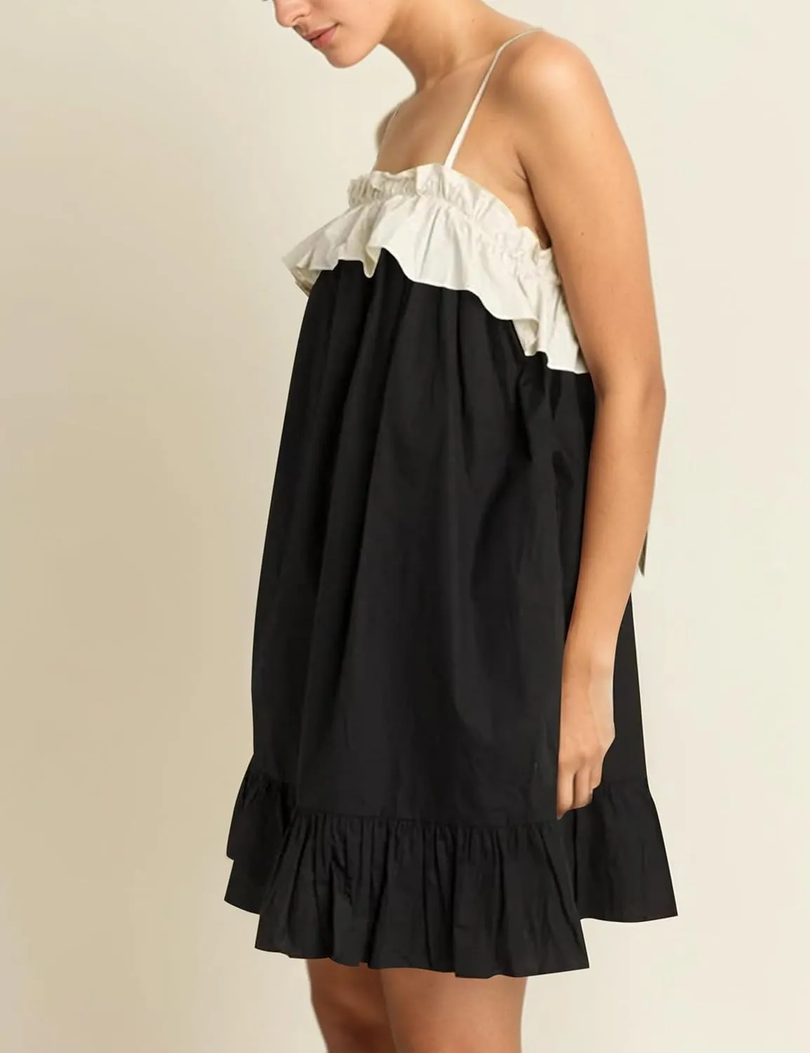 Flowy Sleeveless Mini Dress for Women Square Neck Bow Tie Back Babydoll Dress Color Block A-line Ruffle Tank Dresses