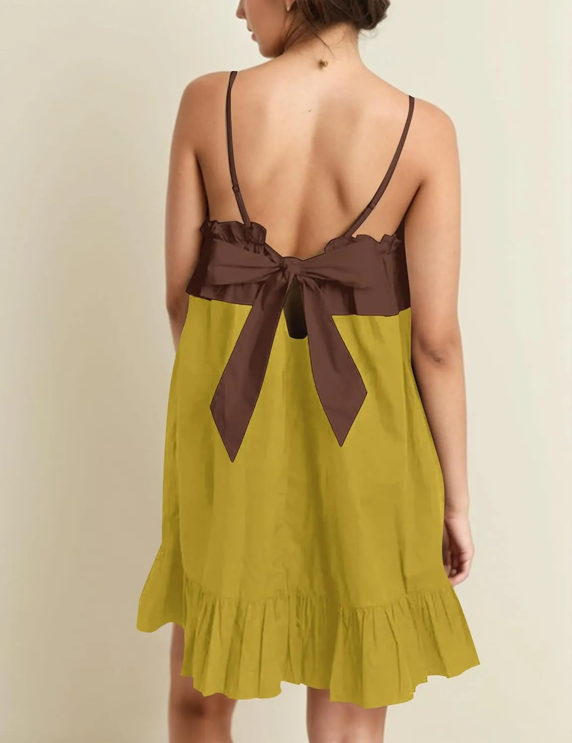 Flowy Sleeveless Mini Dress for Women Square Neck Bow Tie Back Babydoll Dress Color Block A-line Ruffle Tank Dresses