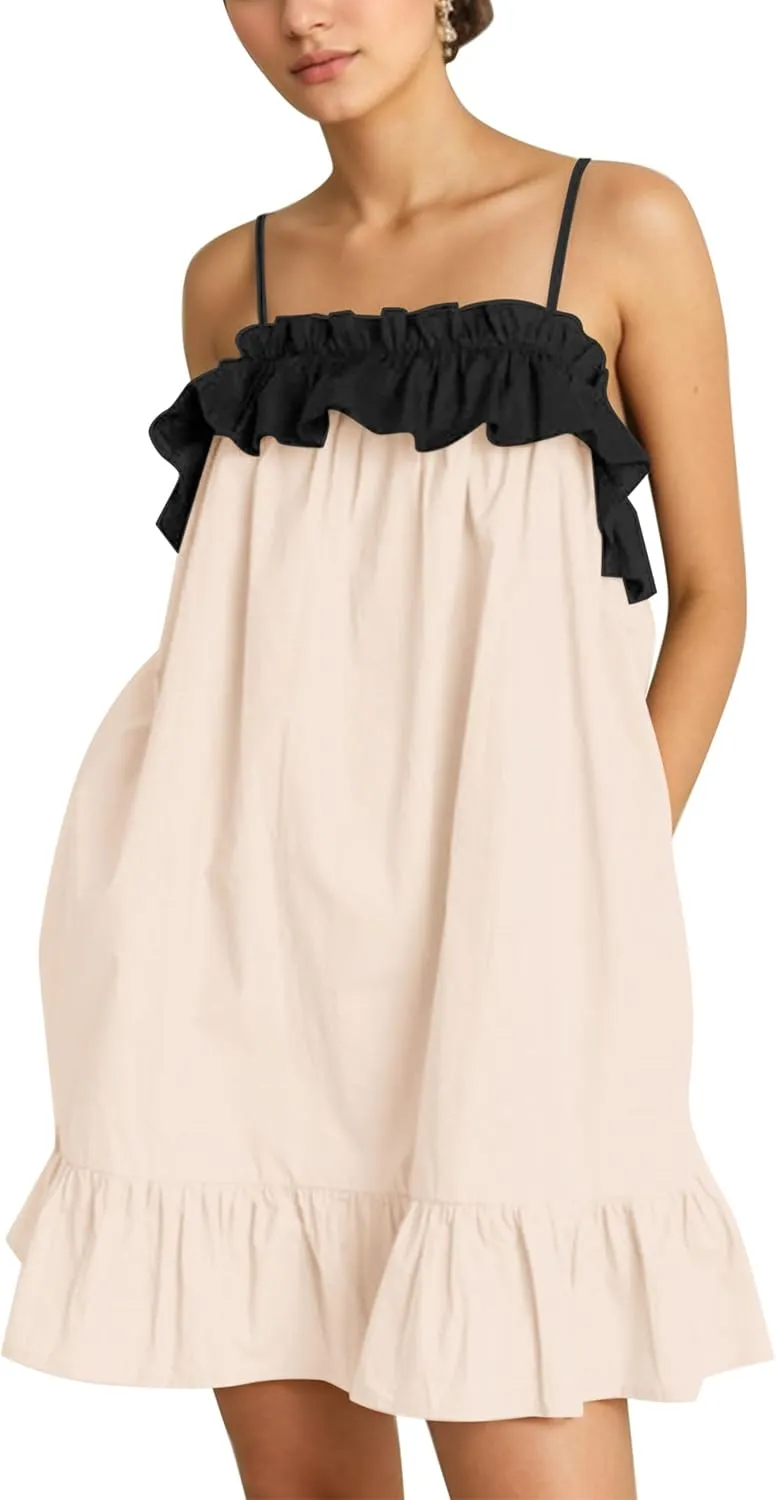 Flowy Sleeveless Mini Dress for Women Square Neck Bow Tie Back Babydoll Dress Color Block A-line Ruffle Tank Dresses