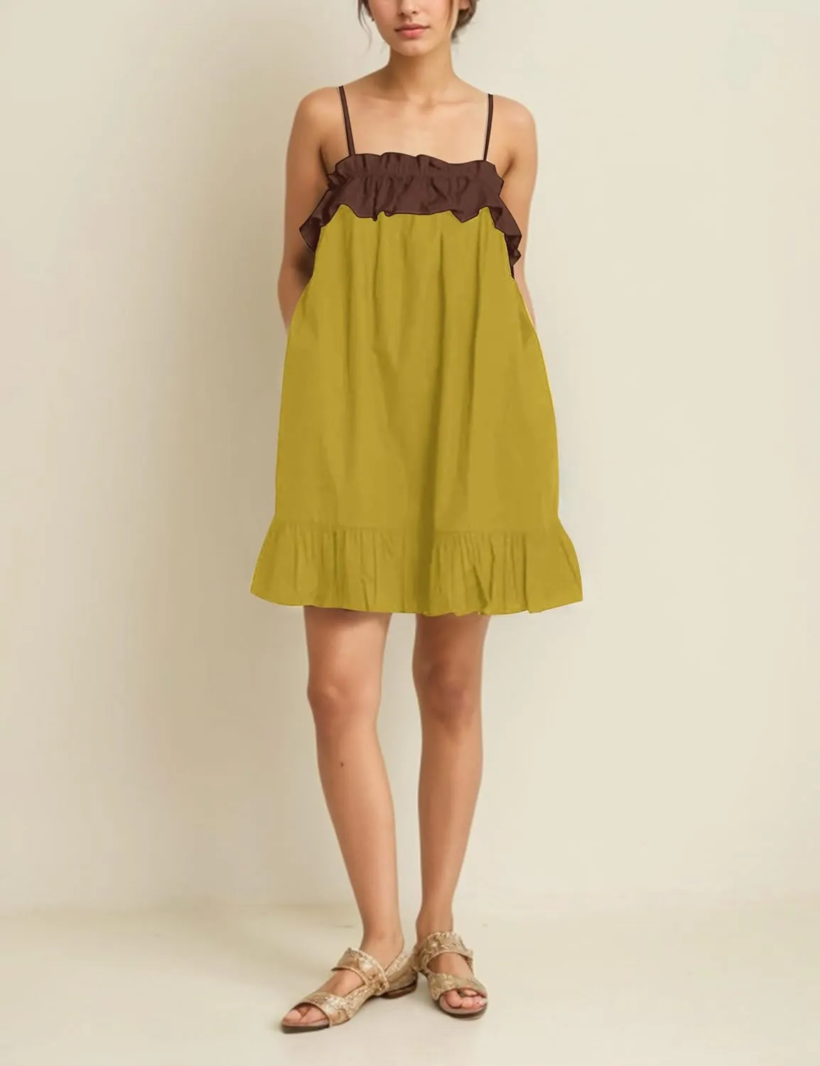 Flowy Sleeveless Mini Dress for Women Square Neck Bow Tie Back Babydoll Dress Color Block A-line Ruffle Tank Dresses