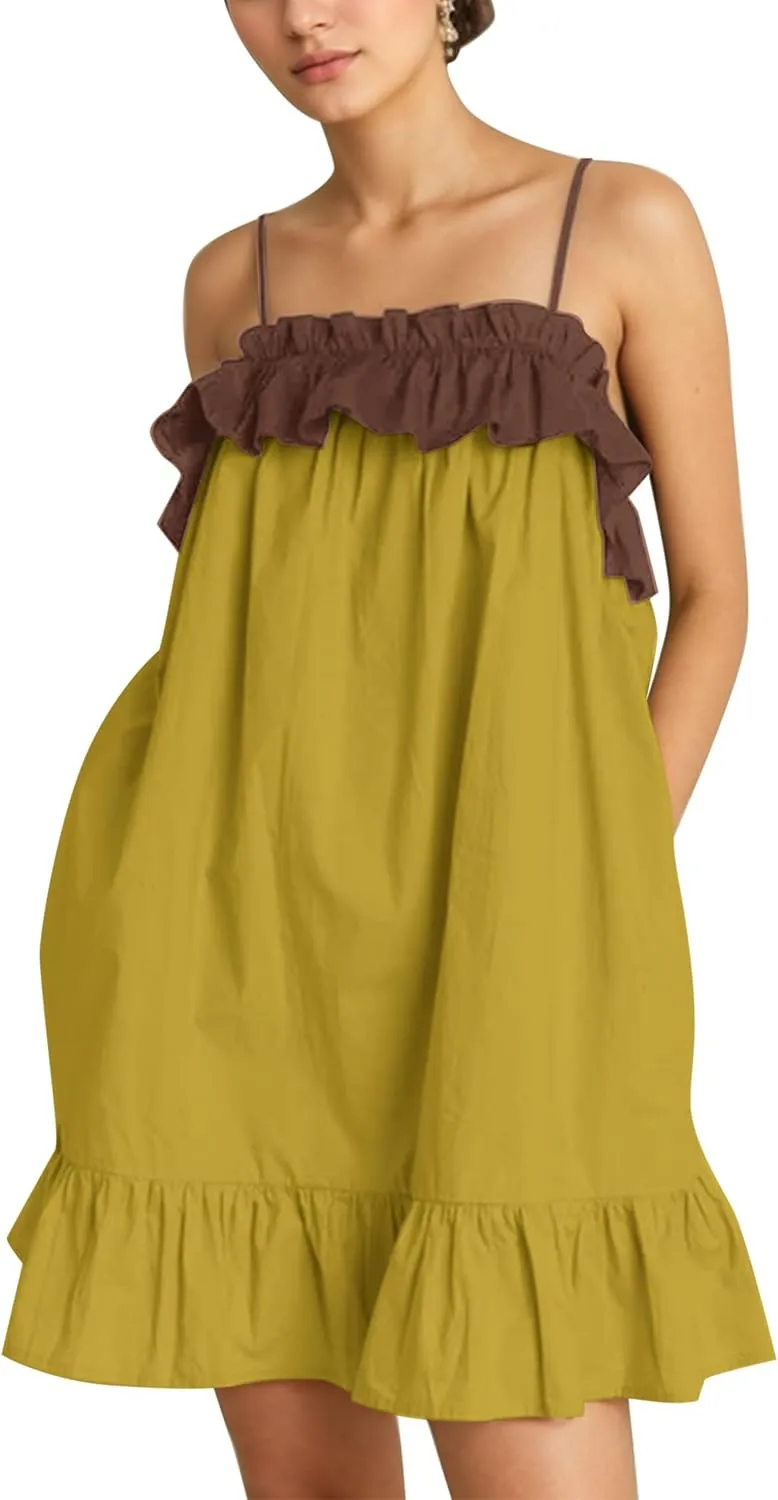 Flowy Sleeveless Mini Dress for Women Square Neck Bow Tie Back Babydoll Dress Color Block A-line Ruffle Tank Dresses